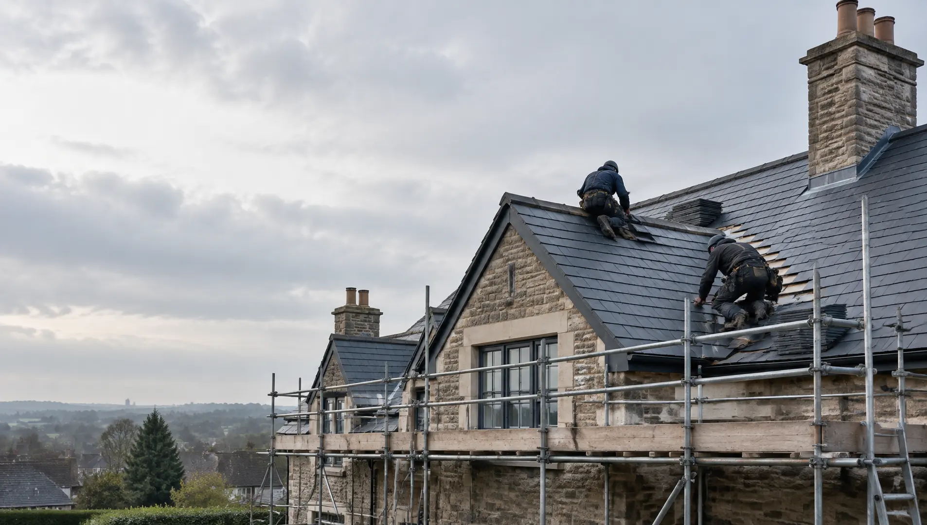 Roofers installing slate tiles on a pitched house roof in Cannock